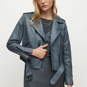 Allsaints Balfern Belted Hem Leather Biker Jacket in Bluebell Blue Sz US 0/UK 4